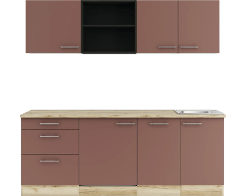 Küchenzeile mit Unterschränken, Arbeitsplatte und Hängeschränken