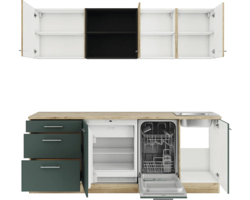 Kompakte Küche mit Spüle, Geschirrspüler, Kühlschrank und Schränken