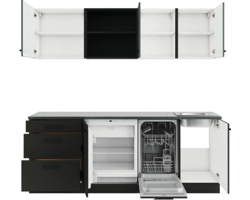 Moderne Miniküche mit Spüle, Geschirrspüler, Kühlschrank und Hängeschränken