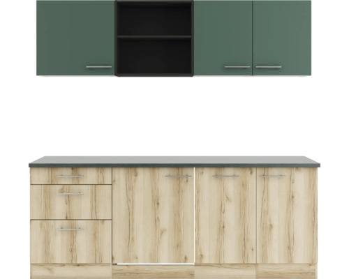 Küchenzeile mit Schubladen, Schränken und Regalen