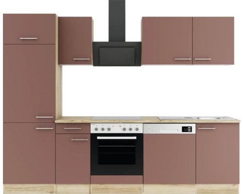 Küchenzeile mit Hängeschränken, Dunstabzugshaube, Herd und Spülmaschine.