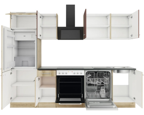 Küchenzeile mit Kühlschrank, Spülmaschine, Herd und Dunstabzugshaube.