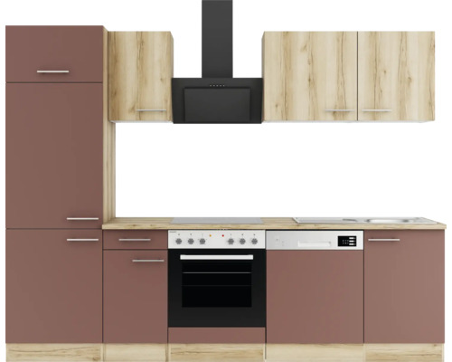 Cuisine complète Optifit avec appareils Livorno290/Bari407 270 cm chêne sauvage rouge rouille mat structuré démontée variante réversible KPLB 2702-9+ Cuisine avec éléments hauts et bas et hotte aspirante.