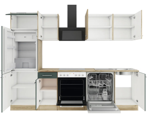 Küchenzeile mit Kühlschrank, Spülmaschine, Herd, Dunstabzugshaube und Schränken