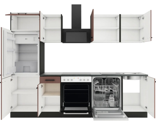 Küchenzeile mit Einbaugeräten, inklusive Kühlschrank, Geschirrspüler, Kochfeld und Dunstabzugshaube