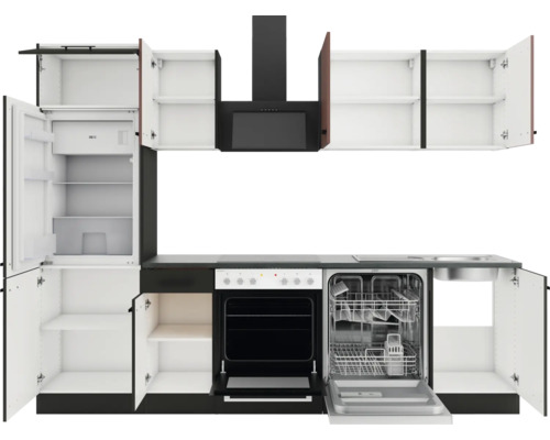 Komplette Küche mit Kühlschrank, Herd, Dunstabzugshaube und Spülmaschine