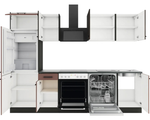 Komplette Küche mit Kühlschrank, Spülmaschine, Herd, Dunstabzugshaube und Schränken