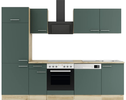 Komplette Küchenzeile mit Schränken, Spüle, Herd, Backofen, Dunstabzugshaube und Geschirrspüler