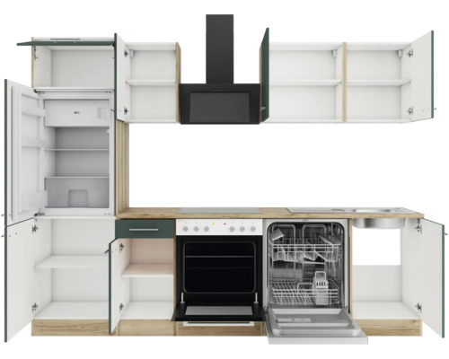 Komplette Küche mit Elektrogeräten, Spülmaschine, Kühlschrank, Herd und Dunstabzugshaube