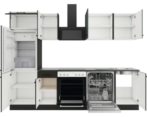 Komplette Küchenzeile mit Kühlschrank, Herd, Spülmaschine und Dunstabzugshaube.