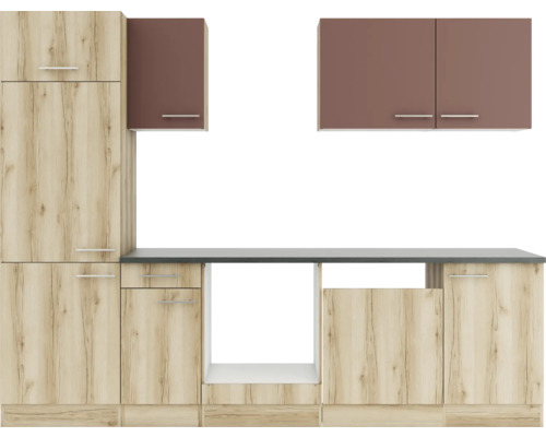 Optifit Küchenzeile ohne Geräte Bari407/Livorno290 270 cm rostrot wildeiche matt strukturiert zerlegt Variante reversibel KPBL 2702OE-9+ Küchenzeile mit Unterschränken, Schubladen und Hängeschränken