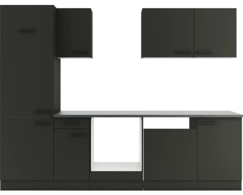 Dunkle Küchenzeile mit Ober- und Unterschränken