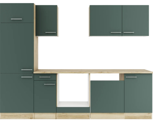 Küchenzeile mit Unterschränken, Hängeschränken und Arbeitsplatte