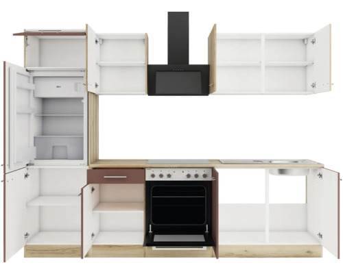 Komplette Küche mit Kühlschrank, Dunstabzugshaube, Herd und Spüle