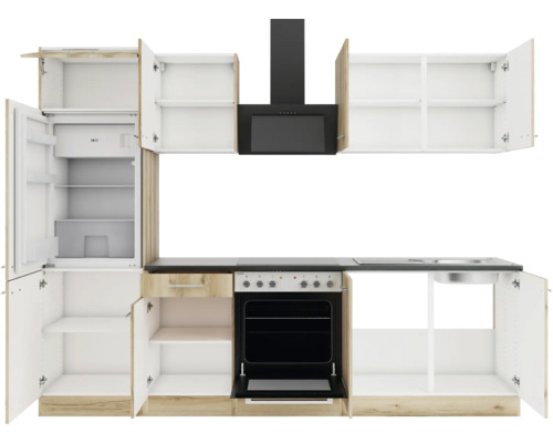 Küchenzeile mit Kühlschrank, Herd, Spüle und Dunstabzugshaube