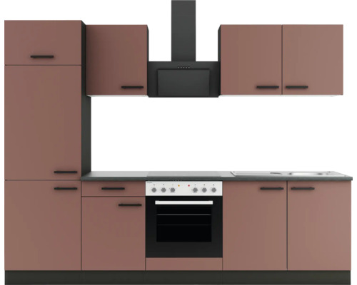 Komplette Küchenzeile mit Hängeschränken, Herd, Spüle und Dunstabzugshaube