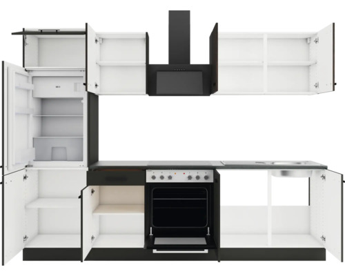 Komplette Küchenzeile mit Kühlschrank, Backofen, Kochfeld und Dunstabzugshaube