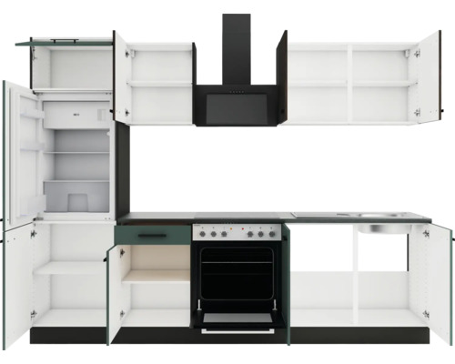 Komplette Küche mit Kühlschrank, Herd, Dunstabzugshaube und Spüle.