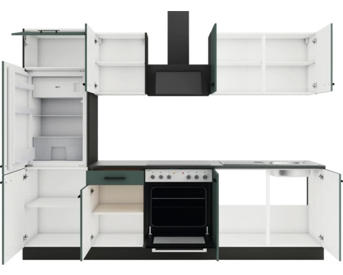 Küchenzeile mit Kühlschrank, Dunstabzugshaube, Spüle und Herd