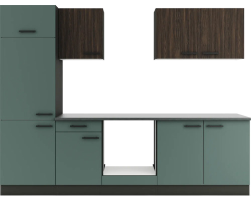 Cuisine complète sans appareils Optifit Rimini409/Verona405 270 cm noyer vert mat démontée variante réversible KPRV 2711OE-9+ Cuisine complète sans appareils Optifit Rimini409/Verona405 270 cm noyer vert mat démontée variante réversible KPRV 2711OE-9+