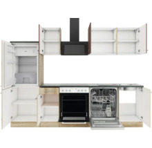 Komplette Küchenzeile mit Elektrogeräten wie Kühlschrank, Herd, Dunstabzugshaube und Geschirrspüler mit geöffneten Schranktüren.
