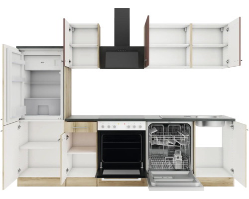 Komplette Küchenzeile mit Elektrogeräten wie Kühlschrank, Herd, Dunstabzugshaube und Geschirrspüler mit geöffneten Schranktüren.