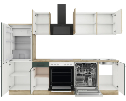 Komplette Küche mit Kühl- und Gefrierschrank, Dunstabzugshaube, Backofen und Geschirrspüler mit offenen Schranktüren.
