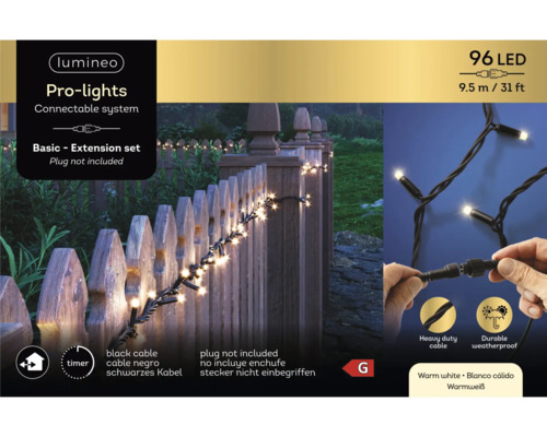 Lichterkette mit 96 LEDs, 9,5 Meter lang, schwarzes Kabel, Erweiterungsset, für den Aussenbereich geeignet