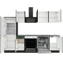 Küchenzeile mit Kühlschrank, Kochfeld, Dunstabzugshaube und Geschirrspüler.