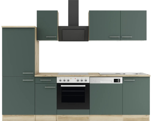 Küchenzeile mit Spüle, Herd, Dunstabzugshaube und Hängeschränken