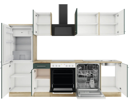 Küche mit Kühlschrank, Geschirrspüler, Herd, Dunstabzugshaube und offenen Schränken