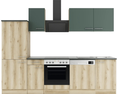 Cuisine complète Optifit avec appareils Savona405/Livorno290 270 cm vert chêne sauvage mat structuré démontée variante réversible KPSL 2742-9+ Cuisine avec éléments hauts, hotte aspirante, cuisinière et lave-vaisselle.