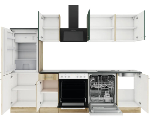 Küchenzeile mit Kühlschrank, Herd, Spülmaschine und Dunstabzugshaube