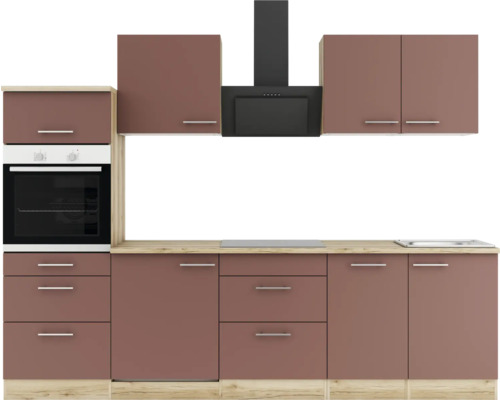 Cuisine linéaire avec éléments hauts, hotte aspirante et four encastrable