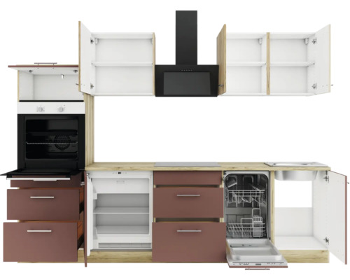 Cuisine complète avec appareils intégrés, évier, hotte et armoires