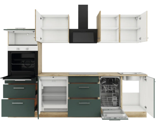 Küchenzeile mit Spüle, Geschirrspüler, Kühlschrank, Herd, Dunstabzugshaube und Hängeschränken