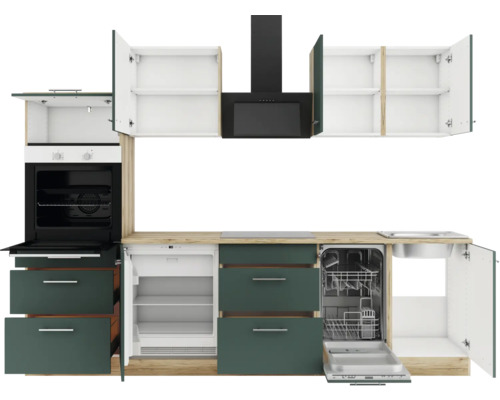 Küchenzeile mit Geschirrspüler, Kühlschrank, Herd, Dunstabzugshaube und Hängeschränken