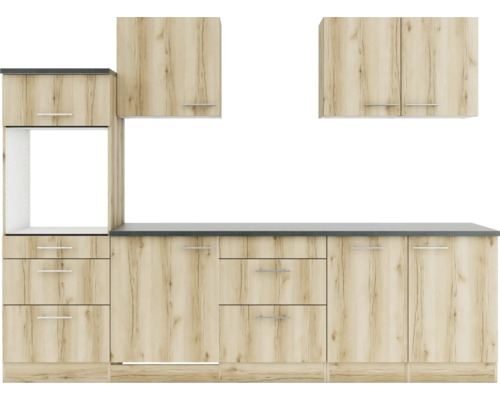 Küchenzeile mit Schubladen, Schränken und Arbeitsplatte in Holzoptik