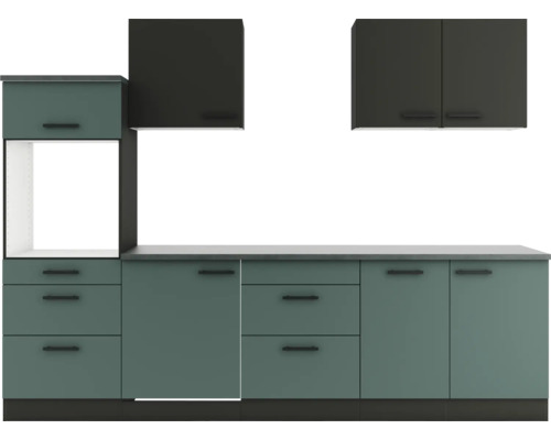 Optifit Küchenzeile ohne Geräte Madrid420/Verona405 270 cm anthrazit grün matt zerlegt Variante reversibel KPMV 2789OE-9+ Küchenzeile mit Unterschränken, Schubladen und Hängeschränken