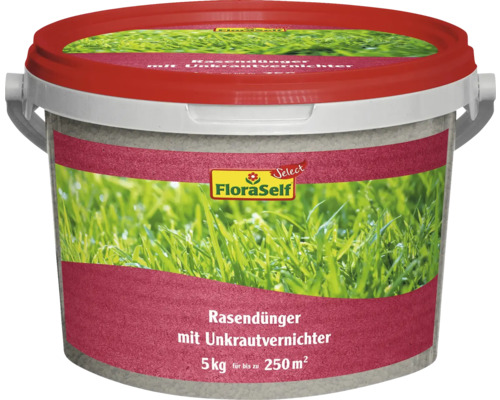 Rasendünger mit Unkrautvernichter FloraSelf Select 5 kg für ca. 250 m² Rasendünger mit Unkrautvernichter im Eimer, 5 kg für bis zu 250 Quadratmeter