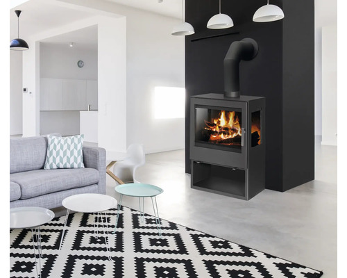 Wohnzimmer mit Kaminofen, Sofa und Teppich