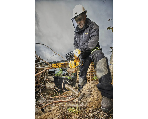 Mann mit Schutzhelm und Gesichtsschutz sägt mit einer Kettensäge Äste.