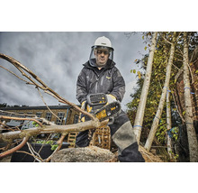 Eine Person mit Schutzkleidung und Schutzhelm sägt mit einer Akku-Kettensäge einen Ast ab. Im Hintergrund sind Bäume zu sehen.