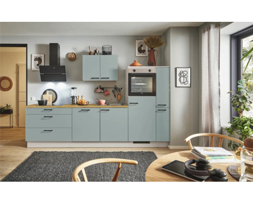 PICCANTE Plus Küchenzeile mit Geräten Marlena 290 cm fjördgrün matt montiert Variante rechts
