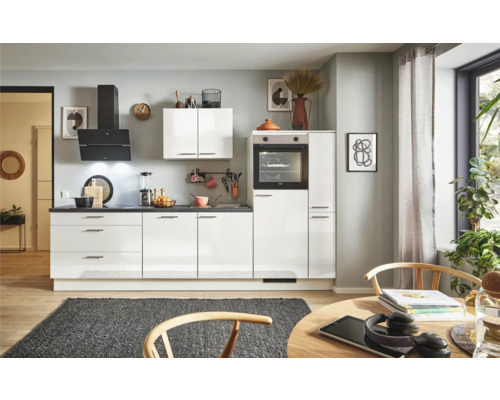 PICCANTE Plus Küchenzeile mit Geräten Pearl 300 cm weiß hochglanz montiert Variante rechts