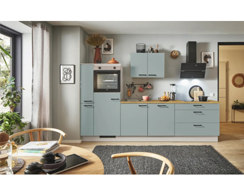 PICCANTE Plus Küchenzeile mit Geräten Marlena 280 cm fjördgrün matt montiert Variante links