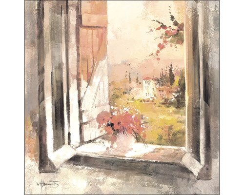 Peinture avec fenêtre, fleurs et paysage
