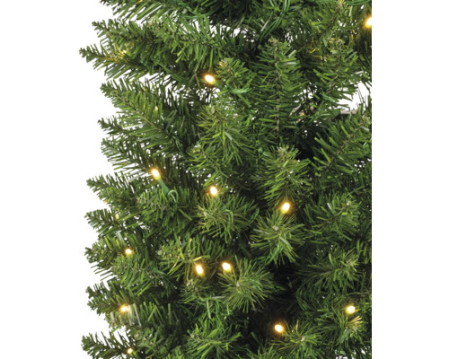 Gros plan d''un sapin de Noël artificiel vert avec lumières intégrées.