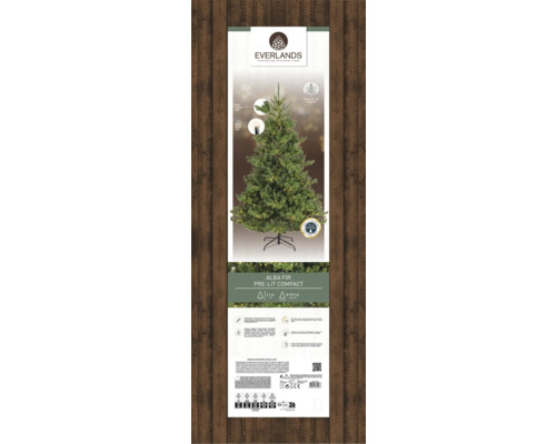Emballage d''un sapin Alba Everlands, avec éclairage et forme compacte.