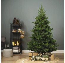 Sapin de Noël décoré avec des cadeaux sur un tapis dans un salon.